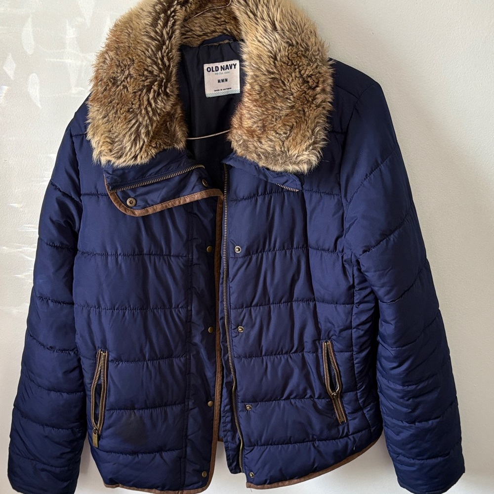 Old Navy Navy Blue Puffer Jacket with Faux Fur Trim